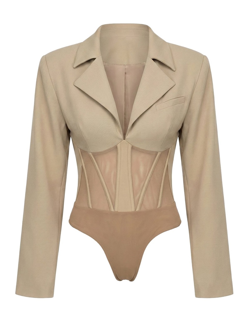 JLUXLABEL Beige Corset Blazer Bodysuit with Sheer Paneling